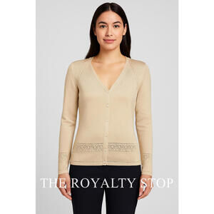 BELFORD 100% Silk Beige Cardigan Sweater Women's Sz Small Hong Kong Lace Hem